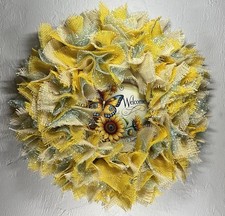 Handmade Sunflower Butterfly Springtime Wreath Welcome Sign Yellow Burlap 20  