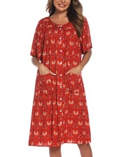 House Dress Cotton Short Sleeve Buttons Down with Pockets Medium Red Flower