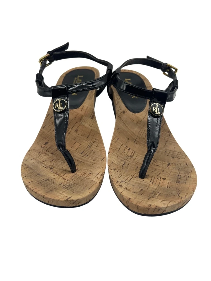 Sandalias de cuña Lauren Ralph Lauren Reeta modernas charol negro gamuza talla 7,5 Foto 3 de 4