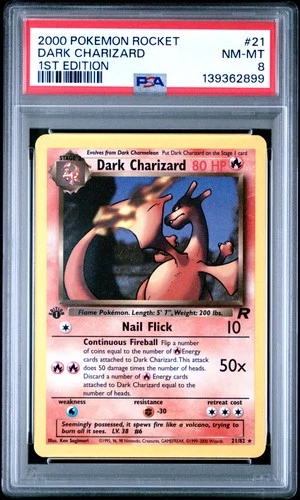 2000 POKEMON ROCKET 1ST ED #21 DARK CHARIZARD PSA 8