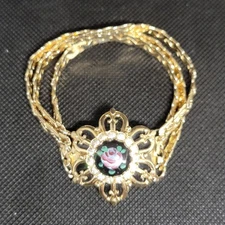 Vintage Enamel Rose Bracelet Victorian Revival Filigree Rhinestone Multi Strand 