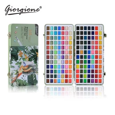 GIORGIONE 168 Colours Solid Watercolour Paint Set Metallic Pearl TIN BOX Brush Pad