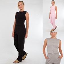 Completo Da Donna Senza Maniche Con Bottoni E Pantaloni Taglia UK 8-14