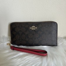 Cartera Coach Larga Cremallera Alrededor Nogal Rojo Verdadero Firma Lona Nueva