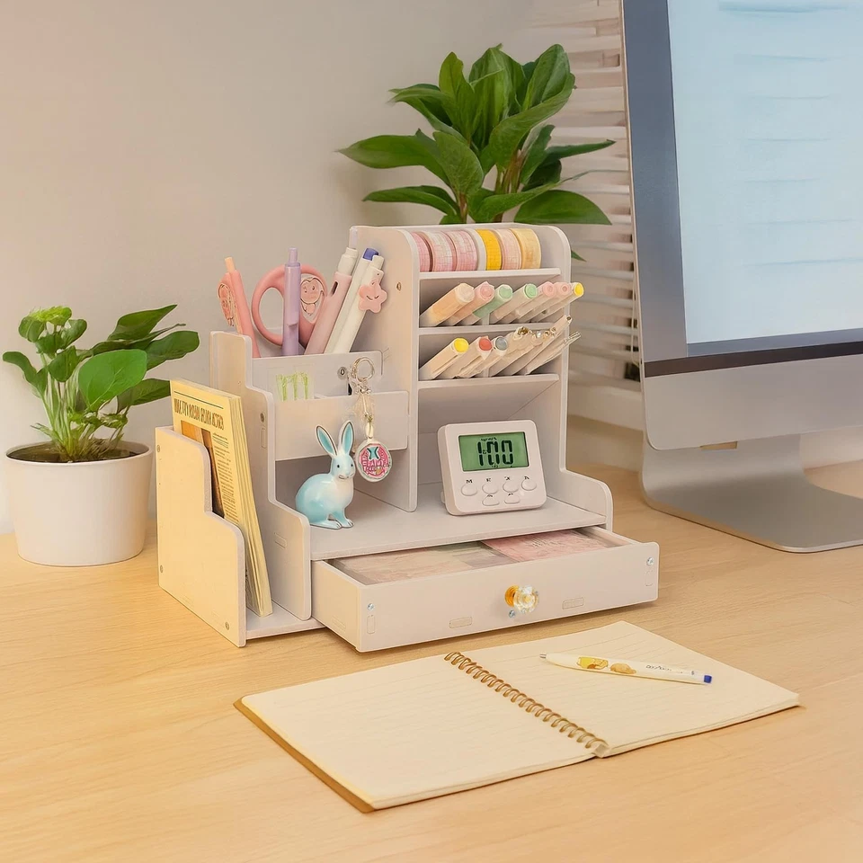 White Desk Organiser with Drawer Desktop Multifunctional Holder Tidy Caddy UK - Image 3 of 4