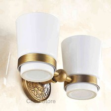 Antique Brass Toothbrush Cup Holder Wall Mount Double Tumbler Vintage Porcelain