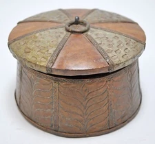 Vintage Wooden Round Kum Kum Powder Tika Box Original Old Brass Fitted