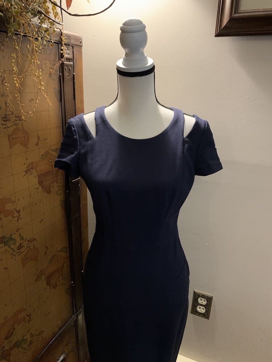 ELIZA J Cocktail Midi Dress Womens Size 6 Navy Blue Cold Shoulder Cut out  Sleeve