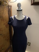 ELIZA J Cocktail Midi Dress Womens Size 6 Navy Blue Cold Shoulder Cut out Sleeve
