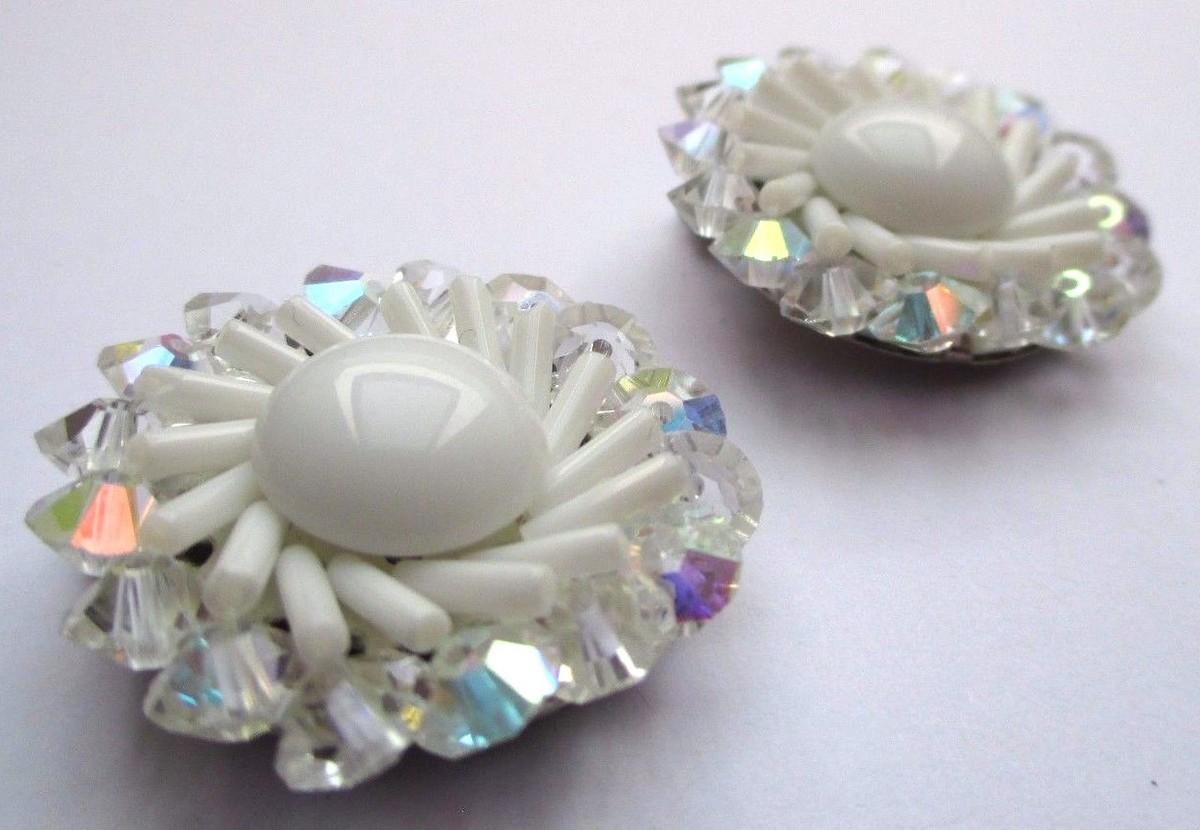 Boucles D'oreilles Clips VINTAGE - Perle Blanche Et Cristaux - Bijou Ancien (circa 1838?) - État Impeccable