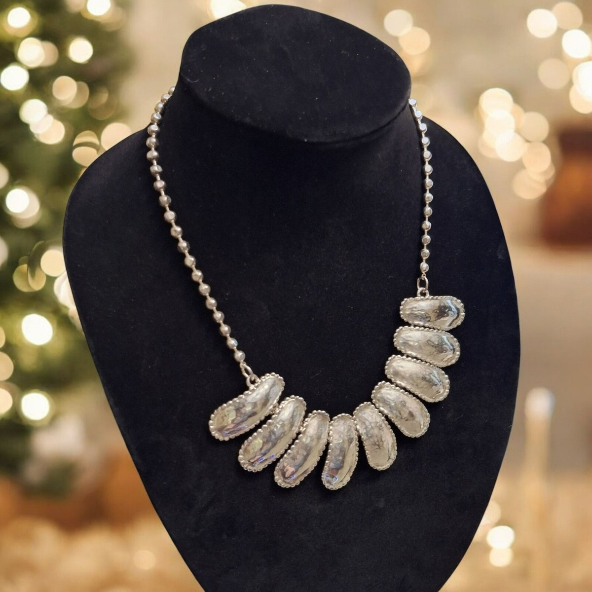Statement Necklace Beaded Chain Embellished Oval Pendants Hammered Metal  Costume