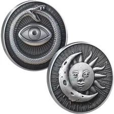 Sun Moon Ouroboros All-Seeing Eye Lucky Coin with 3D Relief Design