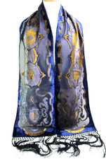 9.5"x69" LL GOLD BLUE BURNOUT FLORAL FRINGE 30 SILK 70 RAYON WRAP SCARF 56M