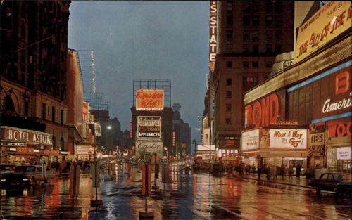 New York City NYC Times Square 1960s Rainy Night Neon Signs Vintage Postcard