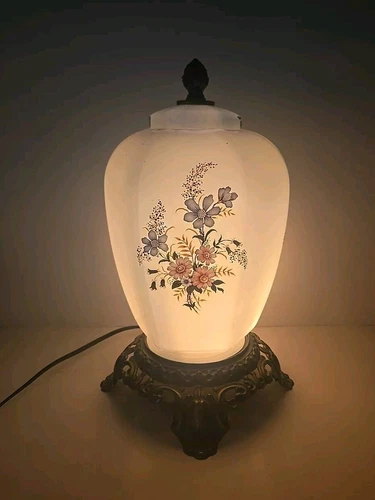 Vintage Hand Painted GWTW Floral Milk Blue Glass Nightlight Lamp