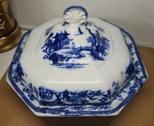 BEAUTIFUL! ANTIQUE JOHN MADDOCK FLOW BLUE HINDUSTAN CIRCA 1855-1895 COVERED DISH