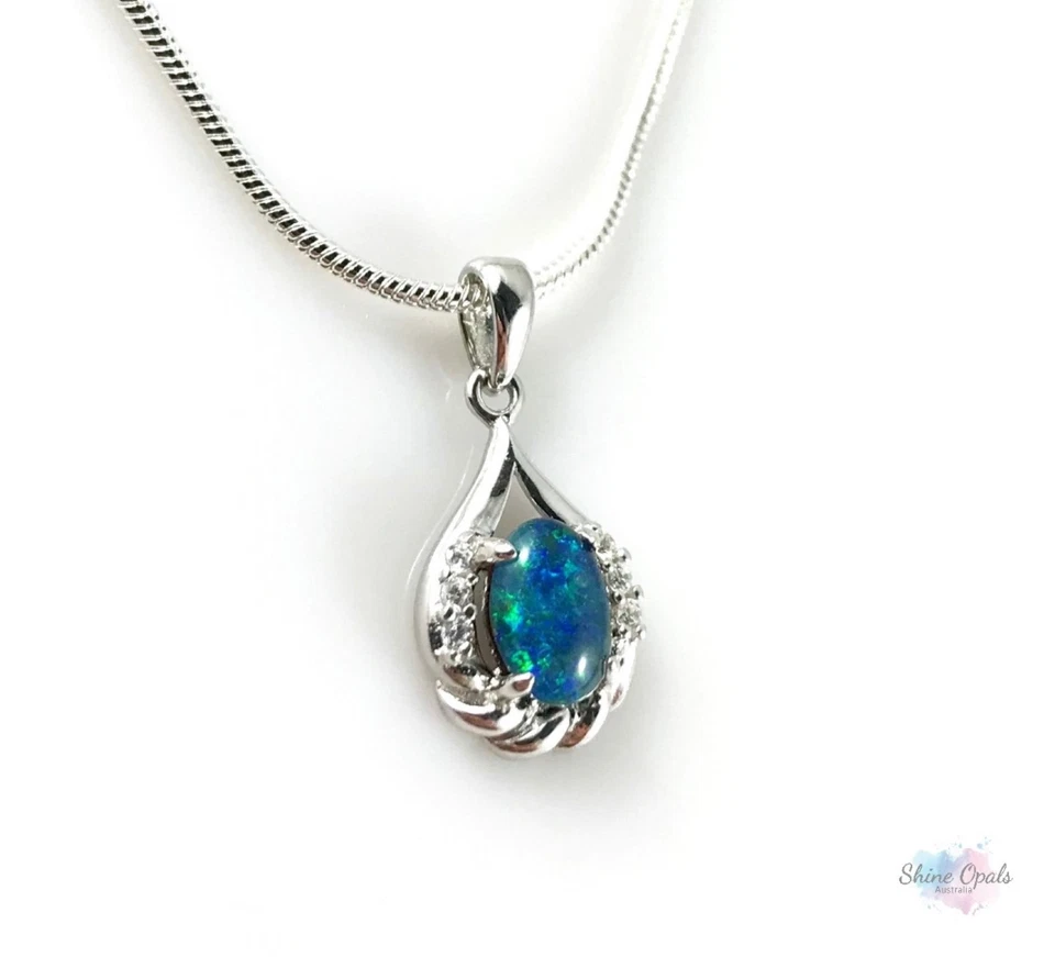 Ciondolo collana opale in argento sterling 925 con zirconi cubici, regalo, op... - Immagine 3 di 4