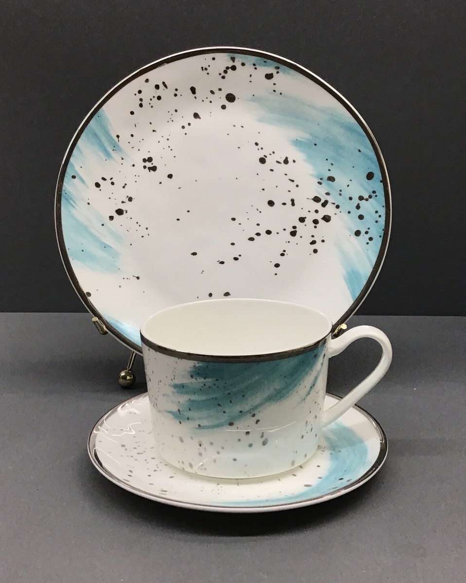 Olivia Oliver® Harper Splatter Platinum Salad plate, Teacup Saucer in  Aqua