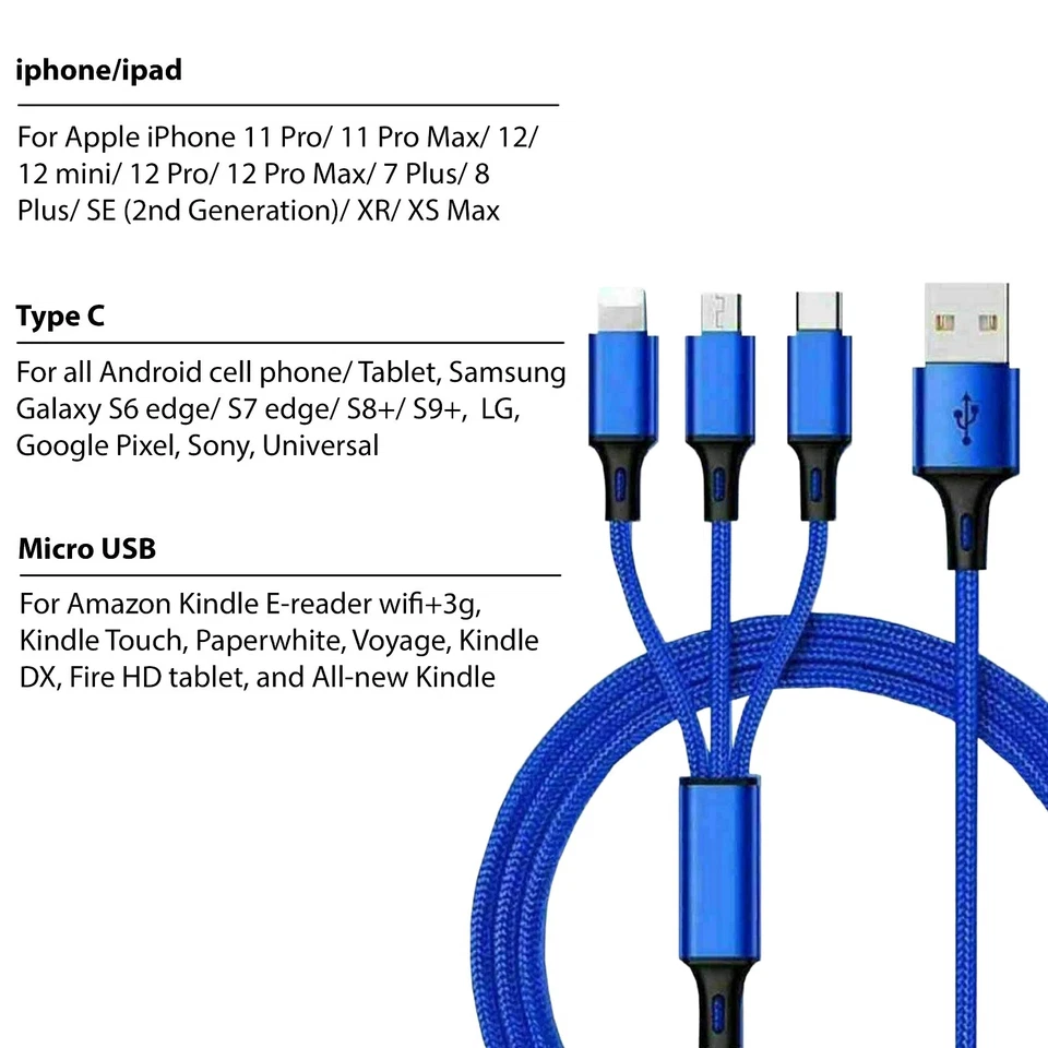 3in1 Fast Charging Cable,1.2M Nylon Braided,USB-C Micro-USB/Android, FREE SHIP - Image 3 of 4