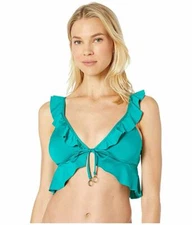 SOLUNA SWIM Green Ruffled Halter Swimsuit Top Women's Size D Cup L52204