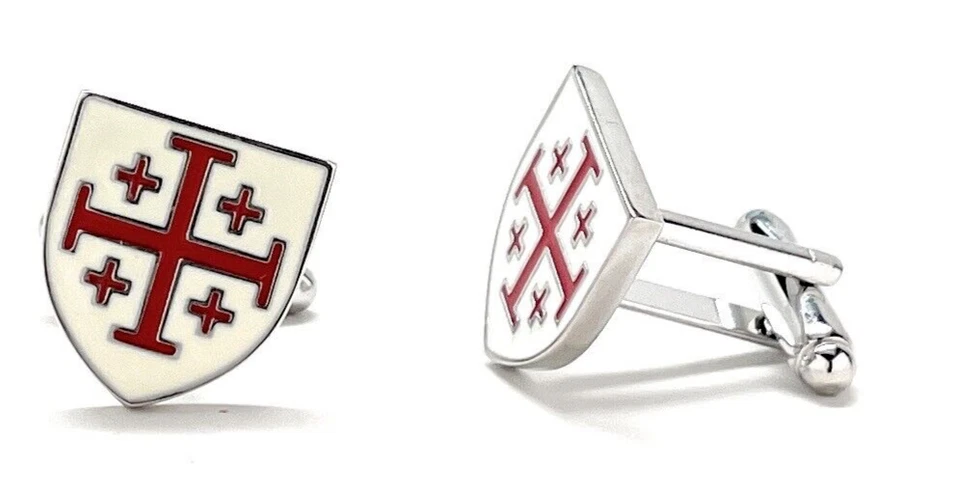 Gemelos Crusaders Shield Hombre Cruz Jerusalén Religioso Diseño Esmalte Rojo Foto 2 de 4