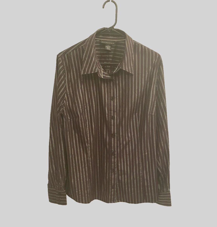 WOMAN’S ATTENTION XL LARGE LONG SLEEVE STRIPED BUTTON DOWN BLOUSE BLACK/RED Foto 2 de 4