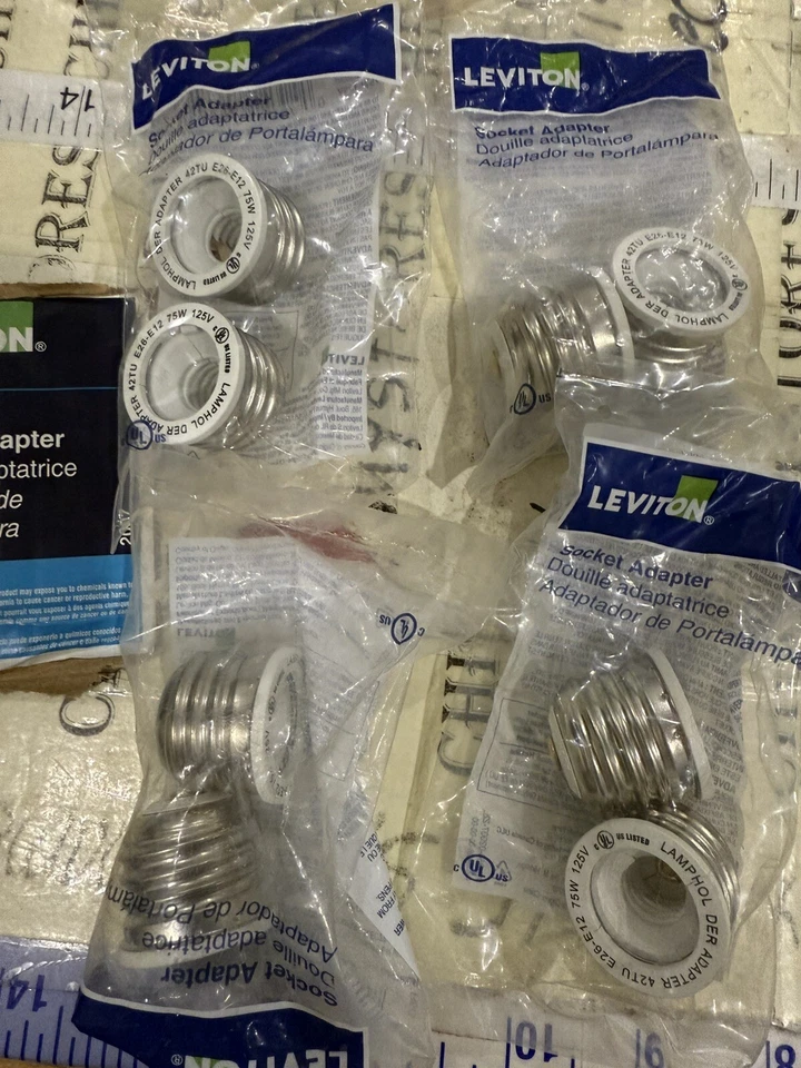 4X 2PK Leviton  Socket Adapter Medium E12 (M) To Candelabra E26 (F) 75W 125V - Image 2 of 4