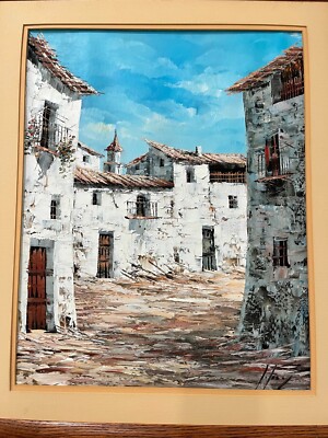 Vintage Signed Oil Painting Spanish Village Villa Scene | eBay