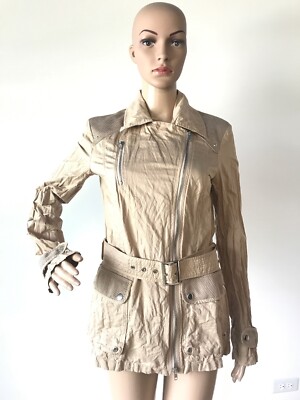 iBlues Club Beige Metallic Cotton Motorcycle Jacket Coat Belt Asymmetrical 6 S/M