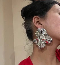 Big Silver Earrings Studs Vintage Style Metal Chunky Statement  Abstract Large