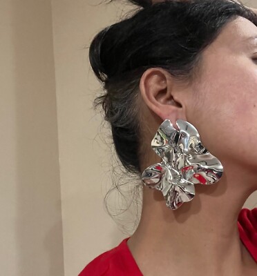 Big Silver Earrings Studs Vintage Style Metal Chunky Statement  Abstract Large