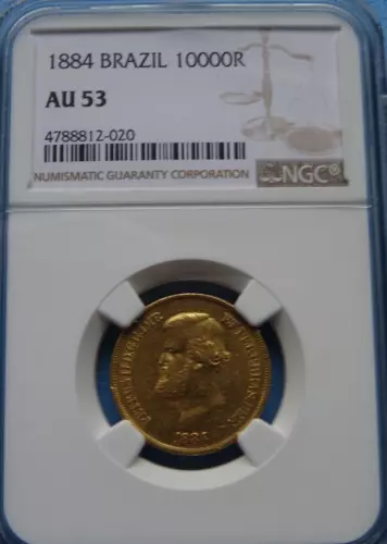 Brazil Gold Coin 10000 Rice 1884 NGC AU 53! Best Offer Wanted!!