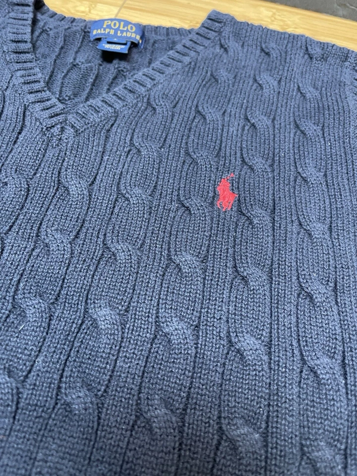 Polo por Ralph Lauren Suéter Chaleco Niños Talla L 14-16 Azul Marino Tejido con Cable Algodón Foto 2 de 4