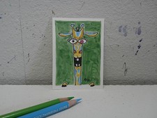 "Pinky Giraffe" mixed media 2.5"x3.5" ACEO caricature.