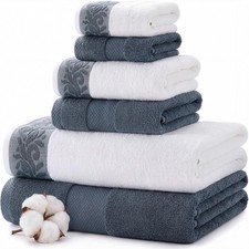 6 Piece Bath Towel Set 100 Cotton Soft Absorbent Jacquard Border Blue