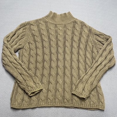 LL Bean Sweater Womens Medium Tan Cable Knit Mock Neck 100% Cotton Pullover