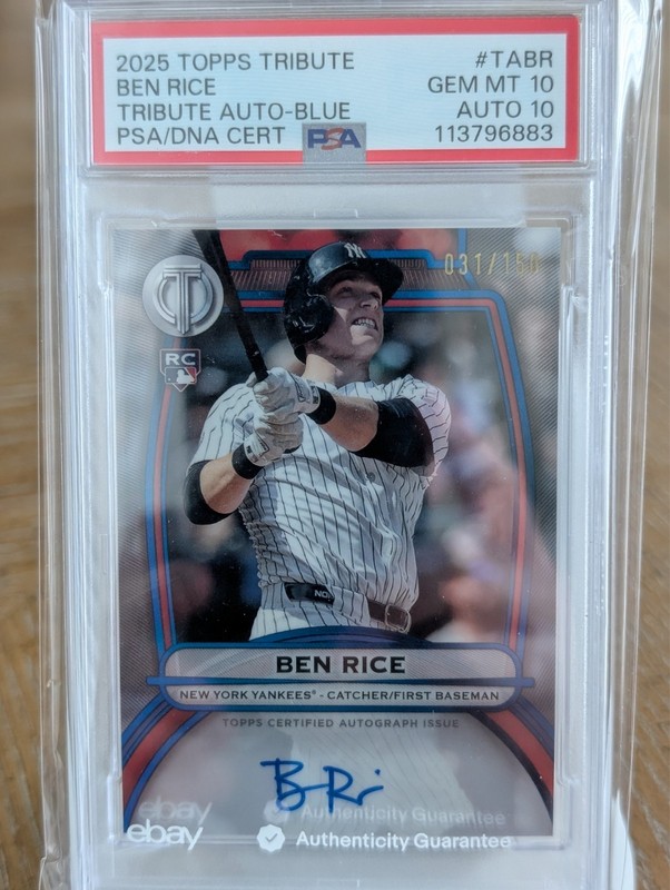 2025 TOPPS TRIBUTE TRIBUTE AUTO BLUE #TABR BEN RICE 031/150 PSA 10 AUTO 10