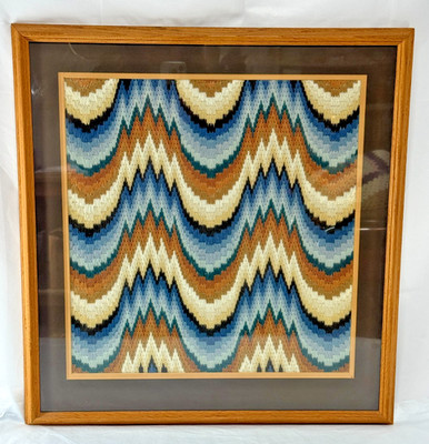 Vintage 70er Jahre gerahmt Mid Century Bargello Nadelspitze Wolle Textil Wandbild