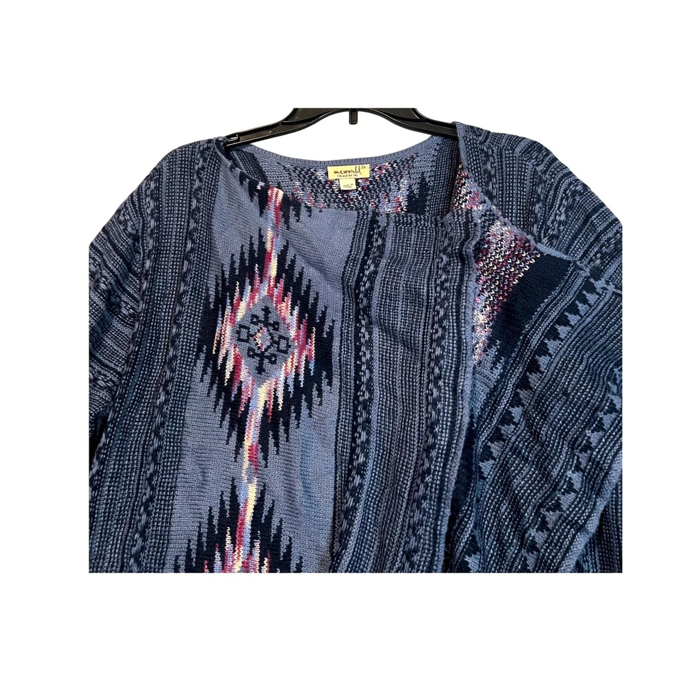 Cárdigan suéter boho One World para mujer 3X New Wave azul tejido azteca frente abierto Foto 4 de 4