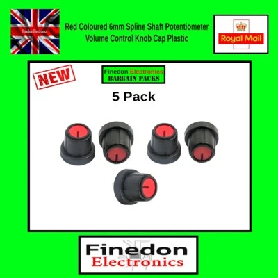 FINEDON ELECTRONICS 5 x Pack Red Coloured Cap 6mm Spline Shaft Potentiometer Volume Control Knob