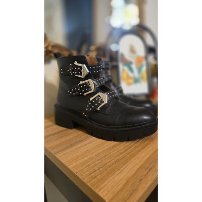 Pull&Bear Women's Black Studded Multi Buckle Chunky Soled Boots Size 7