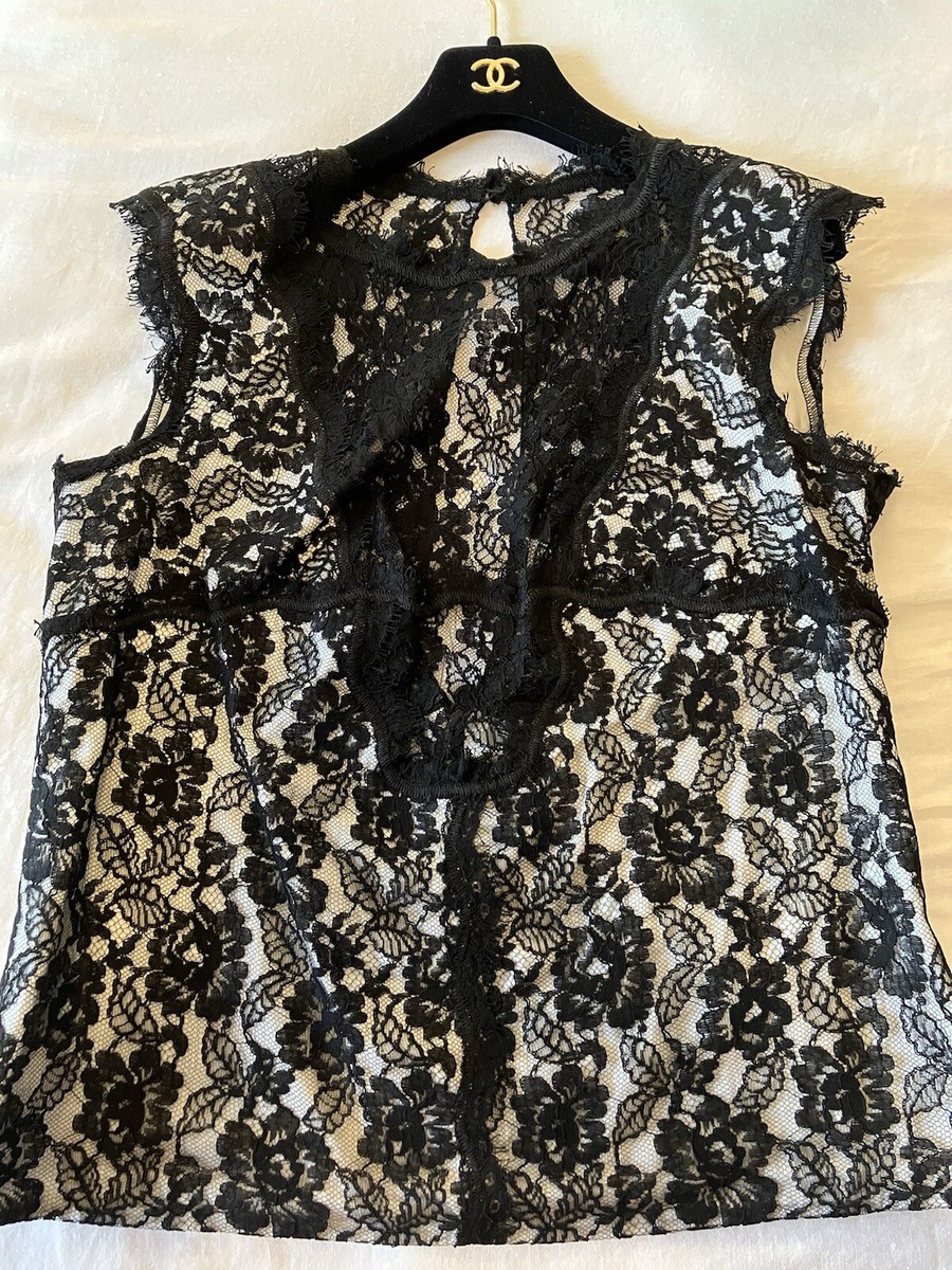 Chanel 14C Black White Floral Lace Blouse Tank Top Size 42 44 46