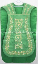 Chasuble Romana Verde Fiddleback Con Set Di Messa Da 5 Pezzi Ricamo IHS, FELTRO