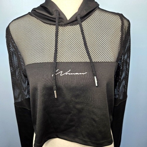 Boohoo Fit Womens Mesh Panel Crop Hoodie Size 6 Black Long Sleeve