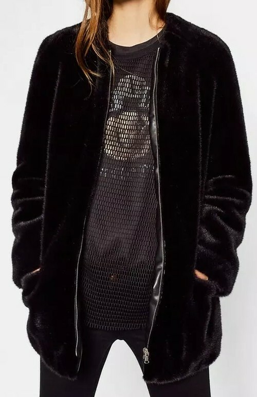 ALTRA GIACCA GIROCOLLO ZARA NERA MORBIDA PELLICCIA SINTETICA TAGLIA L