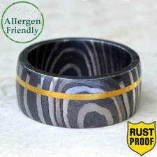Customized Handmade Golden 1mm Brass Inlay Damascus Steel Ring Wedding Band Men