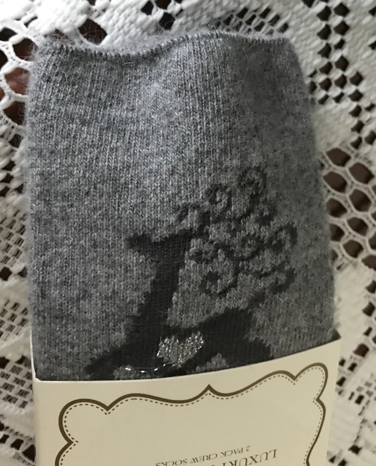 Women Elena Solano Luxury Crew Socks Angora Blend - 2 Pairs Gray/Black Deer New - Image 2 of 4