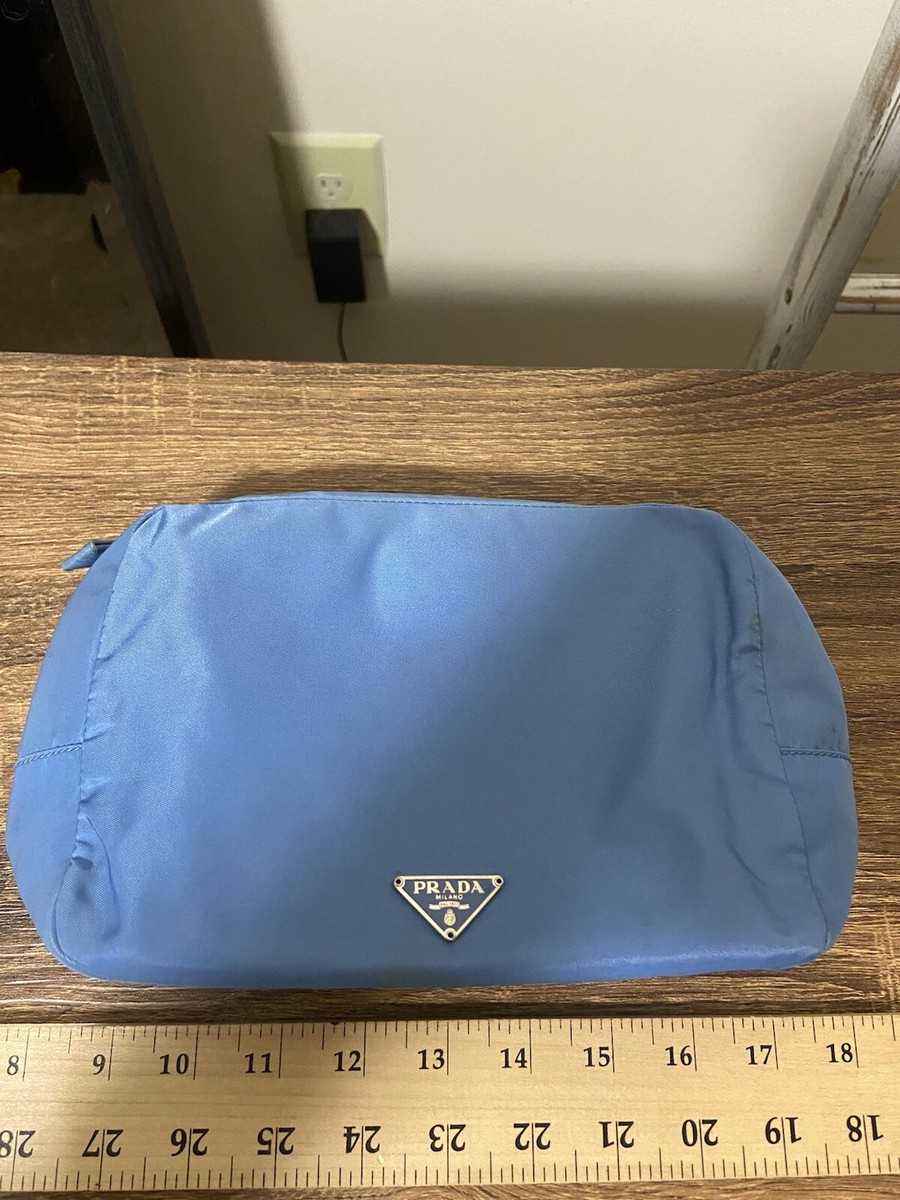 Prada Blue Nylon Clutch Pouch Bag With Strap, Logo Lined, Good But
