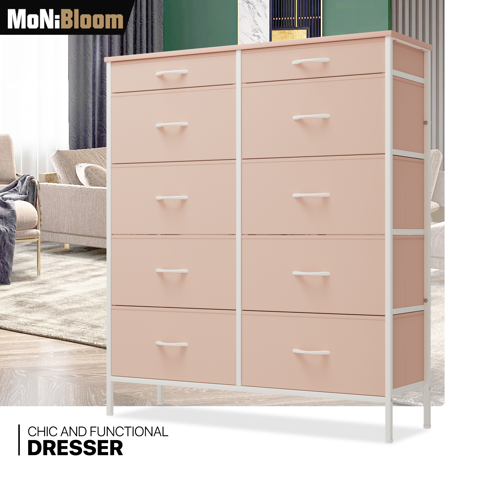 10 Pink Drawer Double Dresser Fabric Chest of Drawers Clothing Storage Organizer