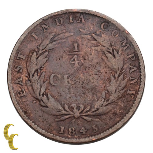 1845 Straits Settlement East India Company (1826 - 1858) 1/4 Cent KM #1 VG Cond.
